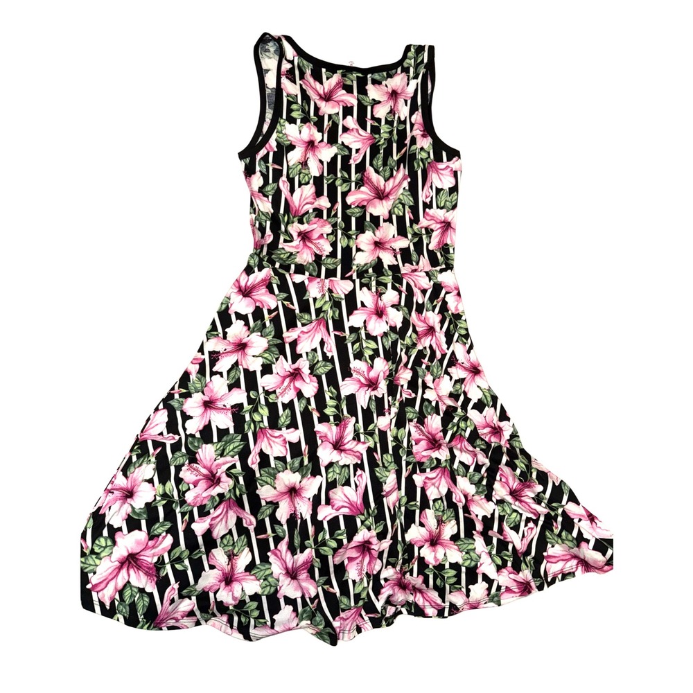 LuLaRoe Nicki Dress Womens Medium Pink Hibiscus Floral Striped A-Line Sleeveless - Picture 2 of 3